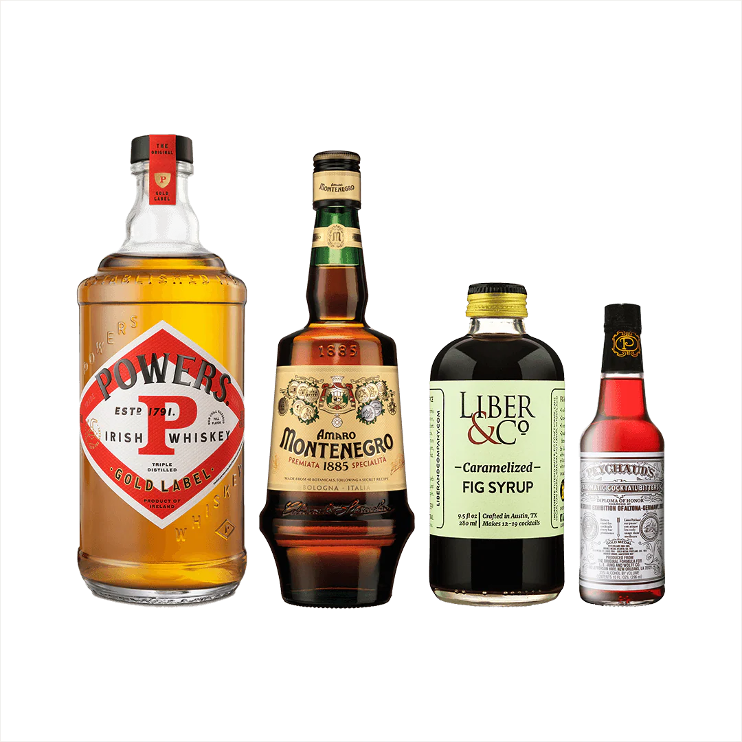 The Notorious F.I.G. Cocktail Set: Powers Gold Label Irish Whiskey + Liber Caramelized Fig Syrup + Amaro Montenegro + Peychaud's Bitters